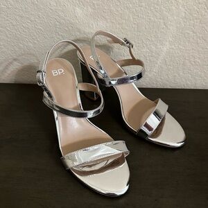 BP. Silver Strappy Heels Metallic Shiny Lula Classic Chunky Heel Faux Leather